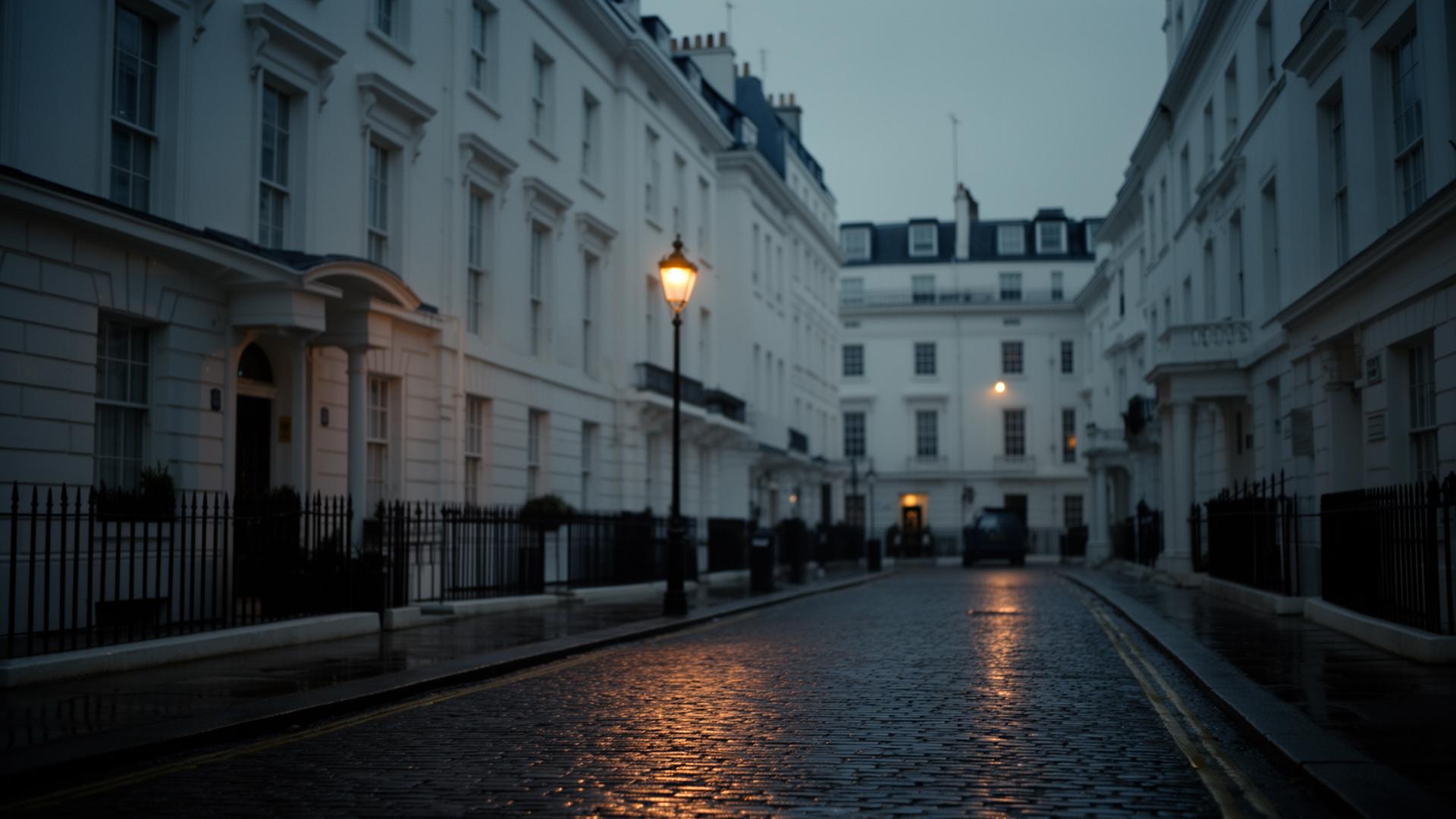 A quiet Mayfair street at dusk with a glowing gas lamp
